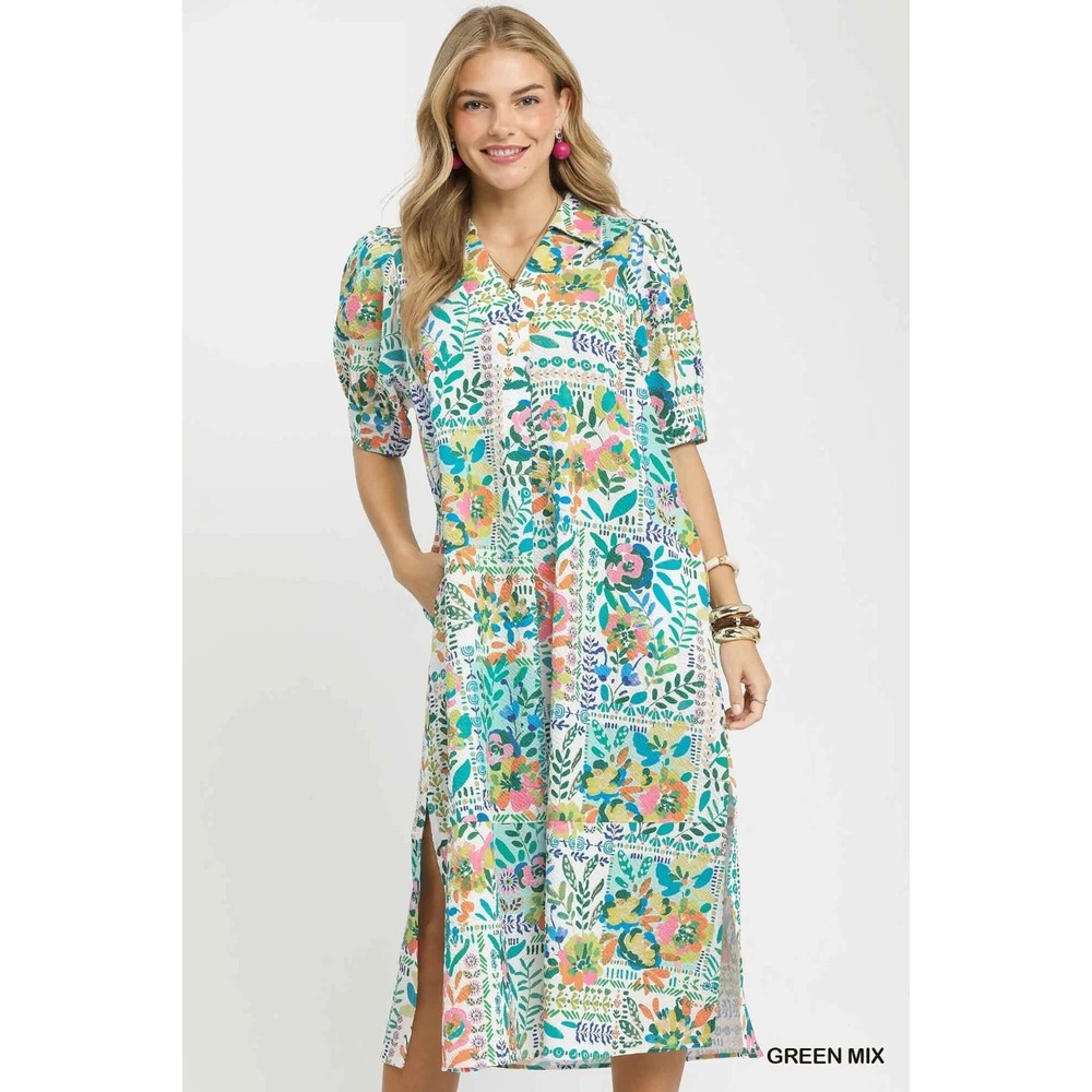 Umgee Folk Print Midi Dress with Side Pockets - Large